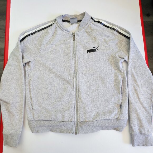 Puma sweatshirt / track jacket full zip printed sleeve light grey woman's size L - Picture 1 of 10